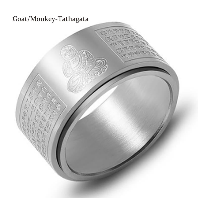 Chinese Zodiac Natal Buddha Heart Sutra Carved Titanium Steel Calm Rotatable Ring