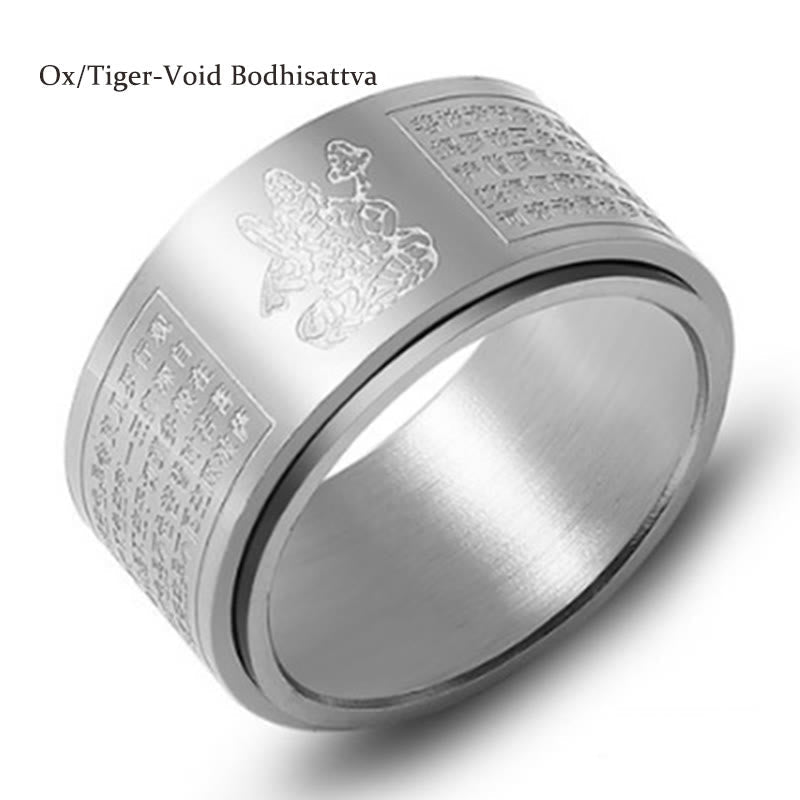 Chinese Zodiac Natal Buddha Heart Sutra Carved Titanium Steel Calm Rotatable Ring