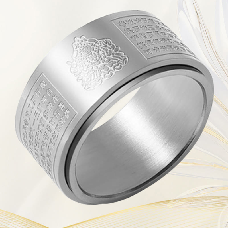 Chinese Zodiac Natal Buddha Heart Sutra Carved Titanium Steel Calm Rotatable Ring