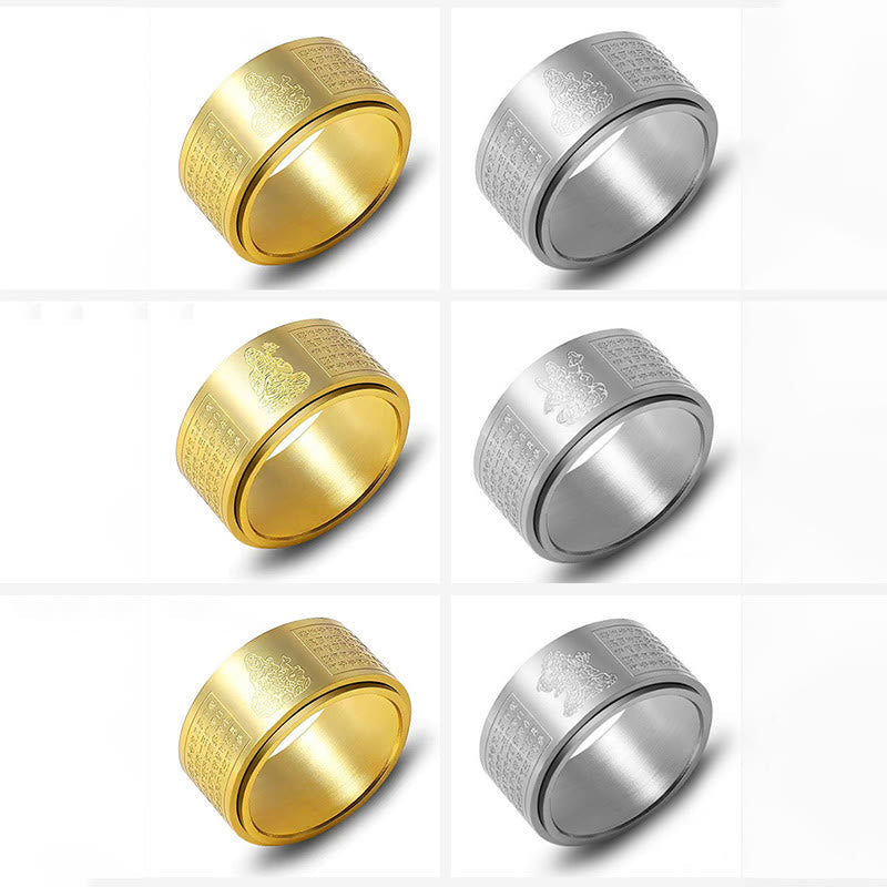 Chinese Zodiac Natal Buddha Heart Sutra Carved Titanium Steel Calm Rotatable Ring