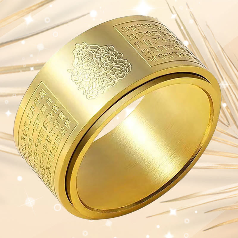 Chinese Zodiac Natal Buddha Heart Sutra Carved Titanium Steel Calm Rotatable Ring