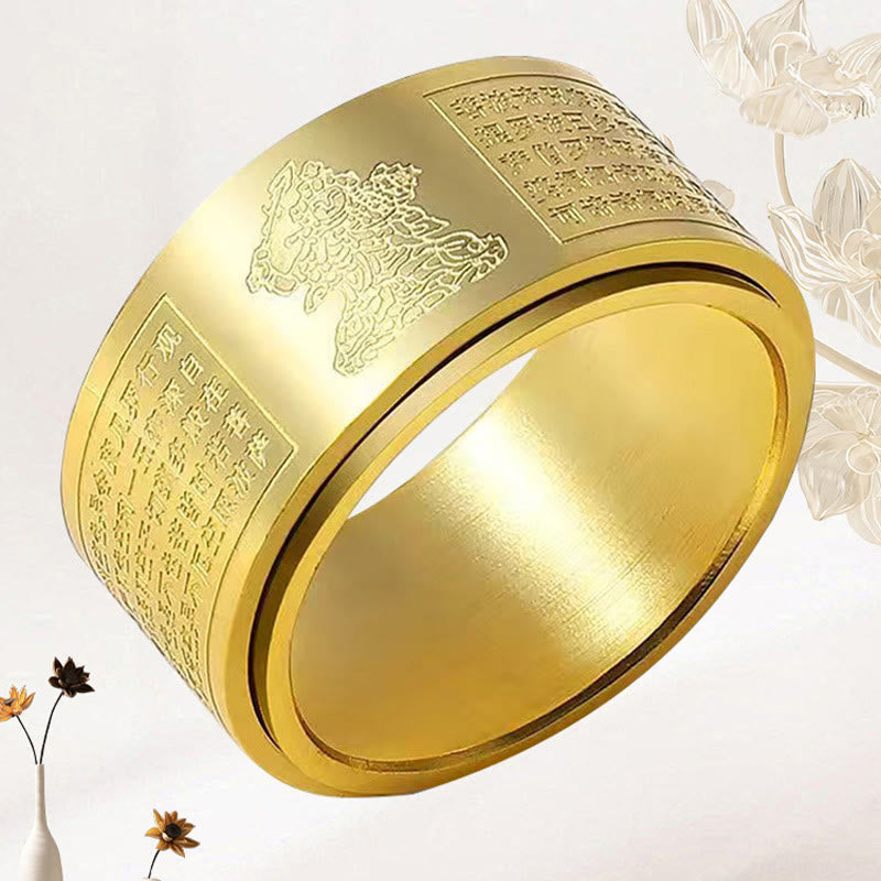 Chinese Zodiac Natal Buddha Heart Sutra Carved Titanium Steel Calm Rotatable Ring