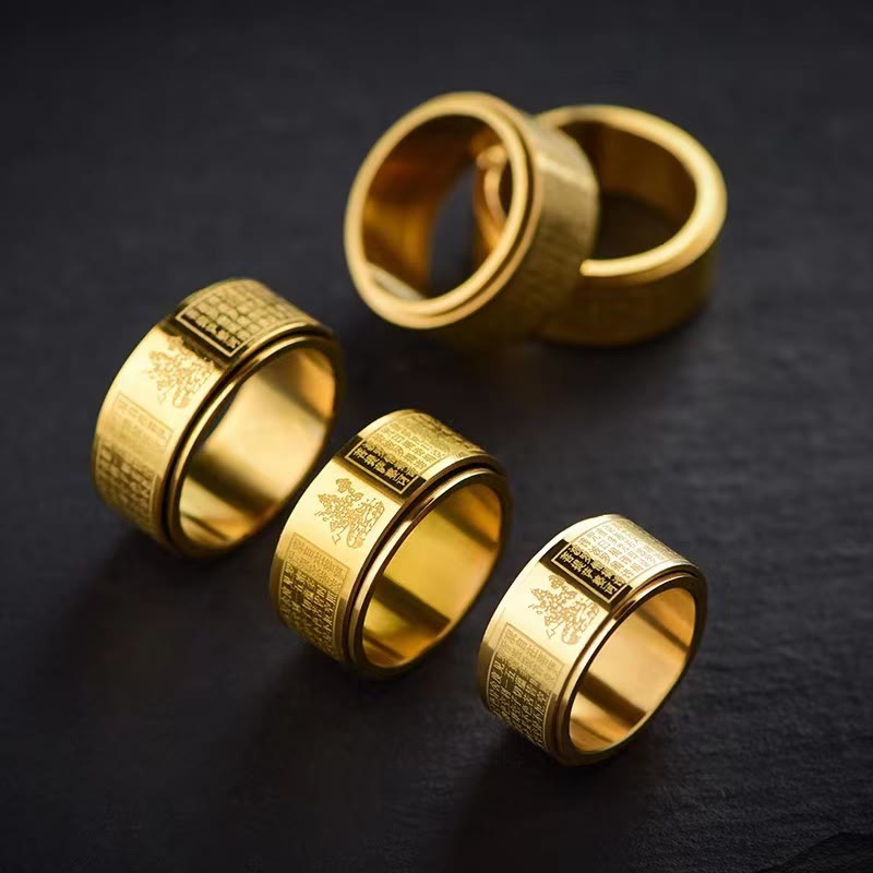 Chinese Zodiac Natal Buddha Heart Sutra Carved Titanium Steel Calm Rotatable Ring