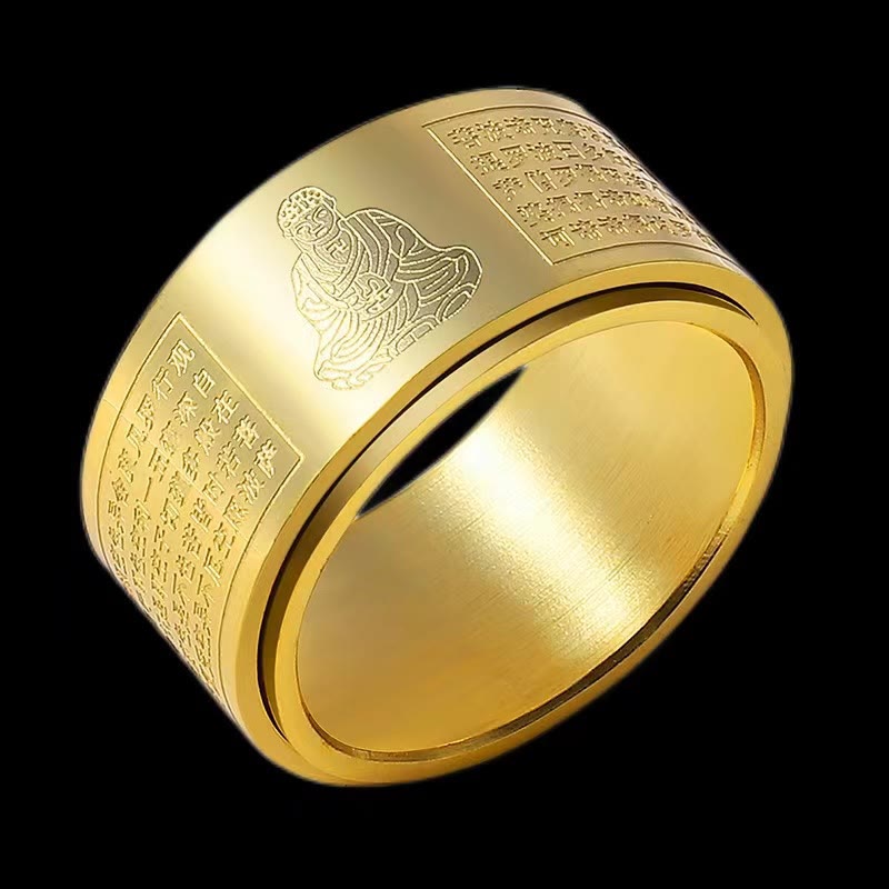 Chinese Zodiac Natal Buddha Heart Sutra Carved Titanium Steel Calm Rotatable Ring