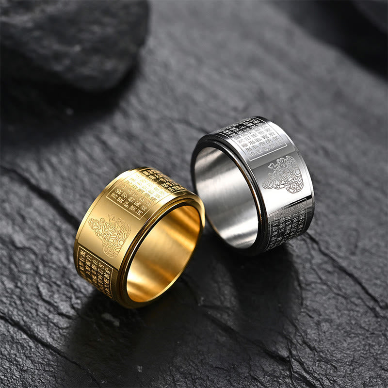 Chinese Zodiac Natal Buddha Heart Sutra Carved Titanium Steel Calm Rotatable Ring