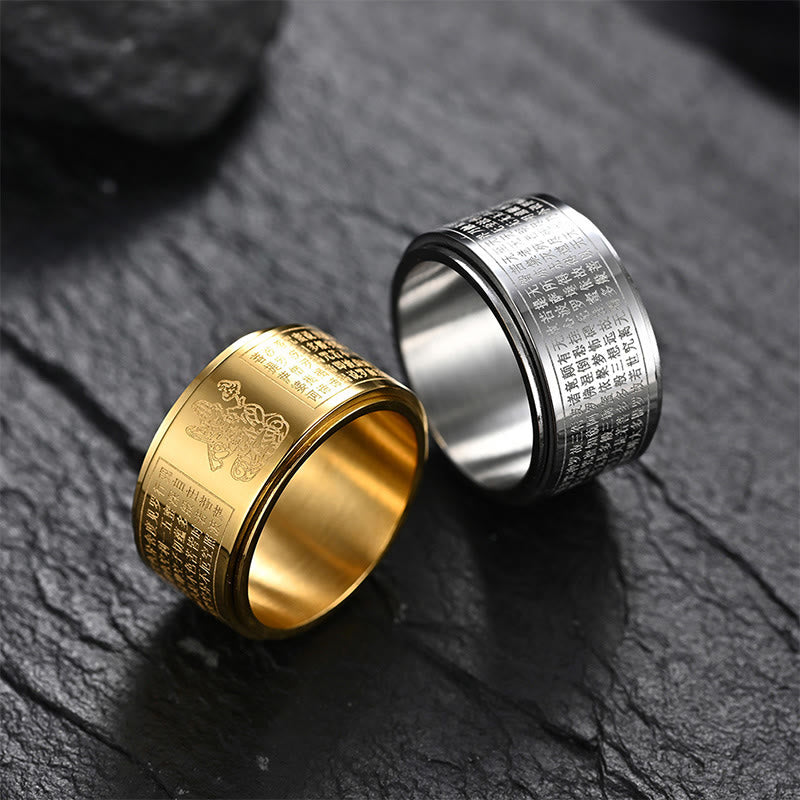 Chinese Zodiac Natal Buddha Heart Sutra Carved Titanium Steel Calm Rotatable Ring