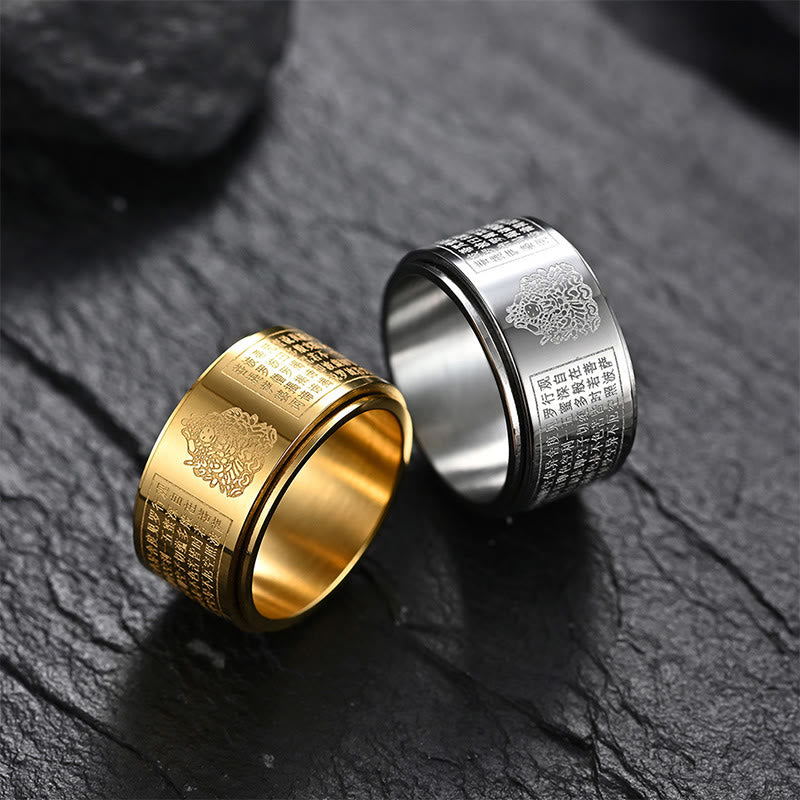 Chinese Zodiac Natal Buddha Heart Sutra Carved Titanium Steel Calm Rotatable Ring
