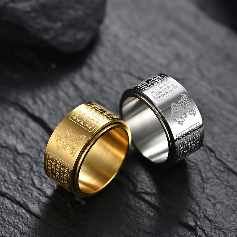 Chinese Zodiac Natal Buddha Heart Sutra Carved Titanium Steel Calm Rotatable Ring