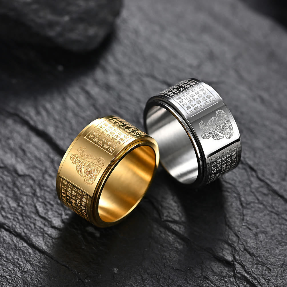 Chinese Zodiac Natal Buddha Heart Sutra Carved Titanium Steel Calm Rotatable Ring
