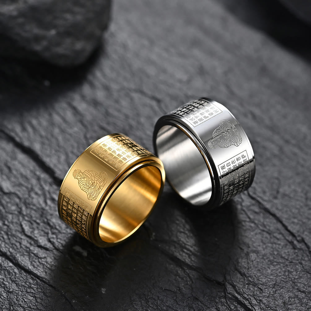 Chinese Zodiac Natal Buddha Heart Sutra Carved Titanium Steel Calm Rotatable Ring