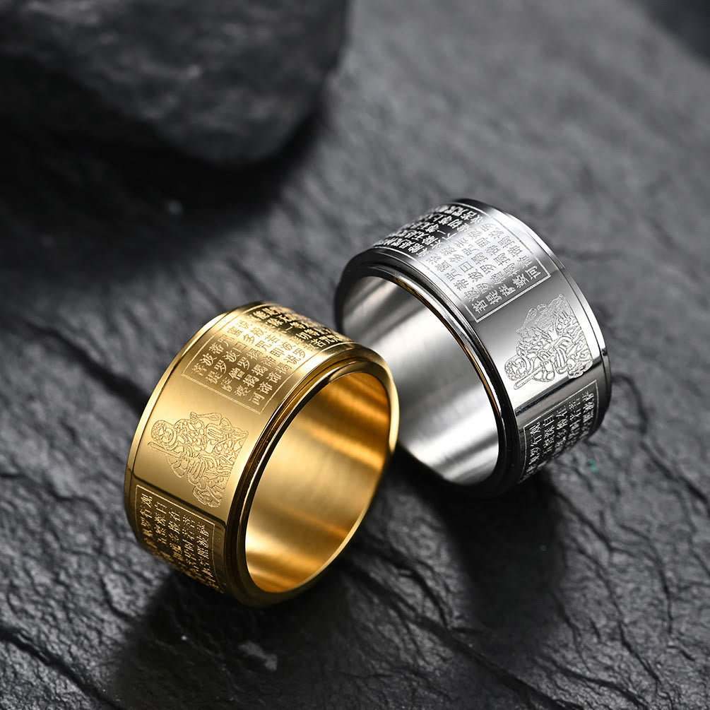 Chinese Zodiac Natal Buddha Heart Sutra Carved Titanium Steel Calm Rotatable Ring