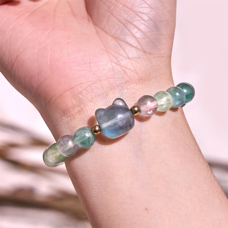 Amethyst Green Aventurine Rose Quartz Fluorite Cat Head Balance Luck Bracelet