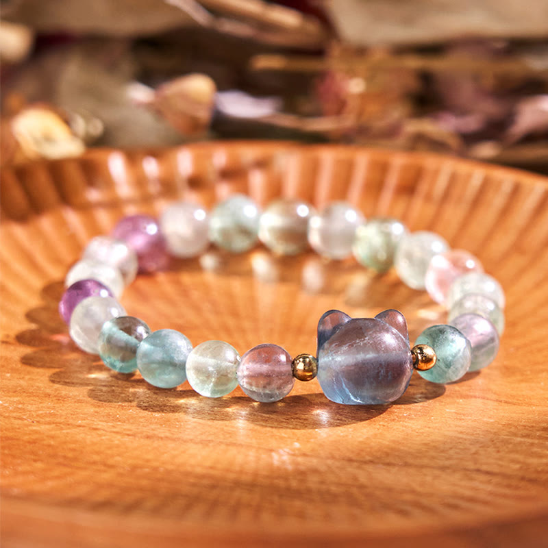 Amethyst Green Aventurine Rose Quartz Fluorite Cat Head Balance Luck Bracelet