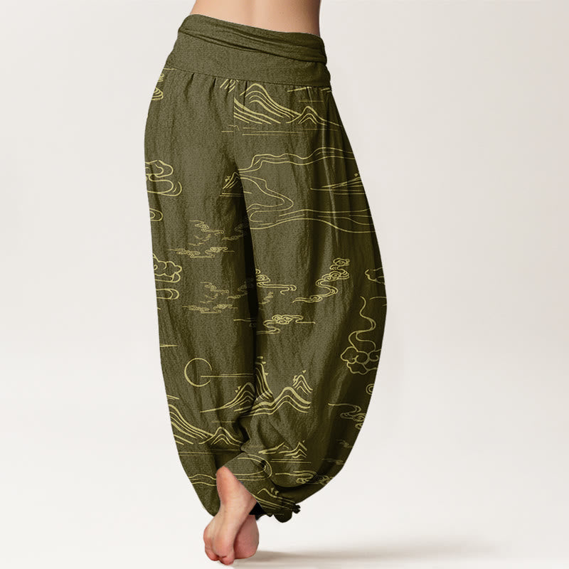 Cotton Mountain Moon Auspicious Clouds Pattern Women's Elastic Waist Harem Pants