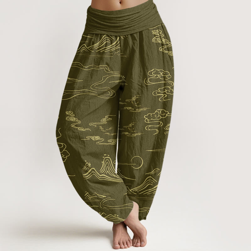 Cotton Mountain Moon Auspicious Clouds Pattern Women's Elastic Waist Harem Pants