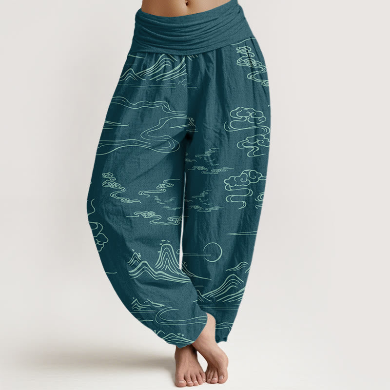 Cotton Mountain Moon Auspicious Clouds Pattern Women's Elastic Waist Harem Pants