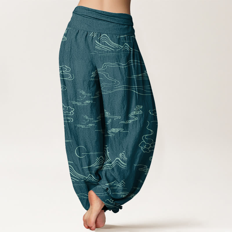 Cotton Mountain Moon Auspicious Clouds Pattern Women's Elastic Waist Harem Pants