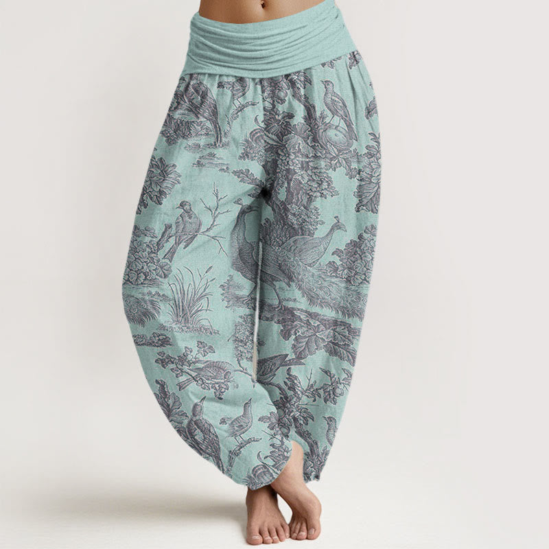 Cotton Birds Trees Branches Pattern Women's Elastic Waist Harem Pants