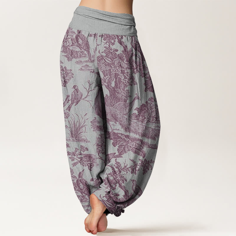 Cotton Birds Trees Branches Pattern Women's Elastic Waist Harem Pants
