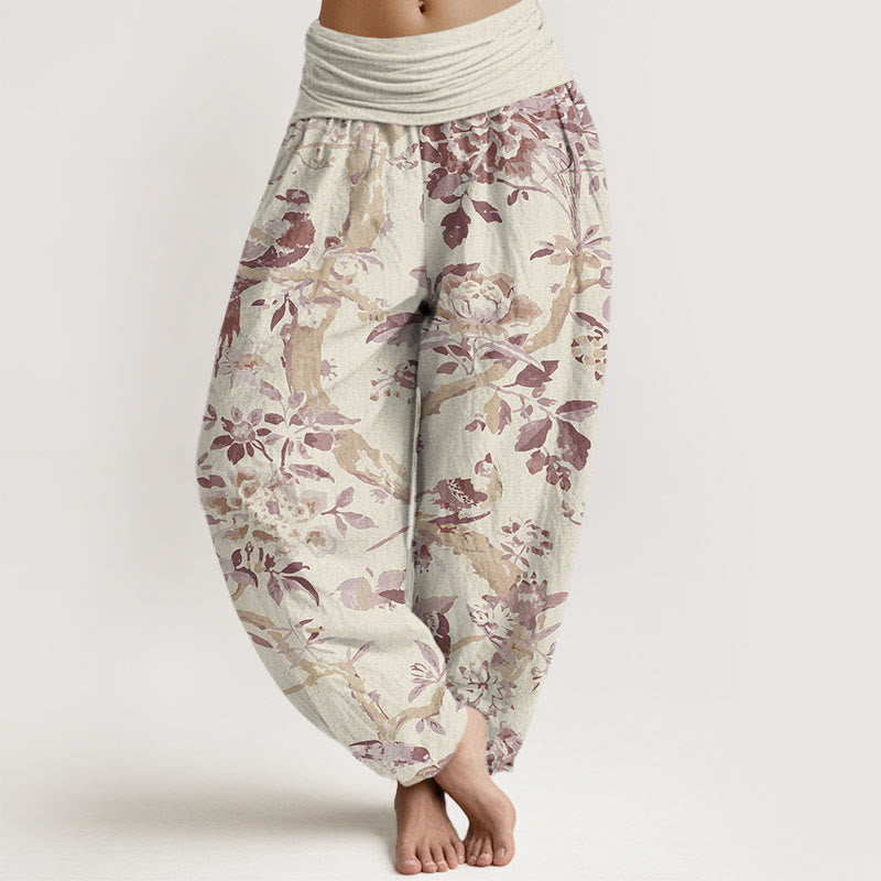 Cotton Birds Branches Flowers Pattern Women's Elastic Waist Harem Pants