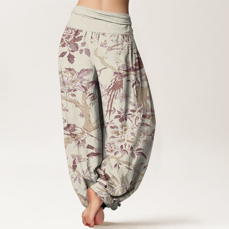 Cotton Birds Branches Flowers Pattern Women's Elastic Waist Harem Pants