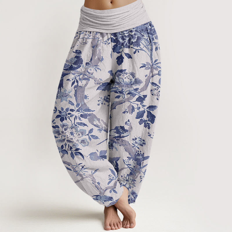 Cotton Birds Branches Flowers Pattern Women's Elastic Waist Harem Pants