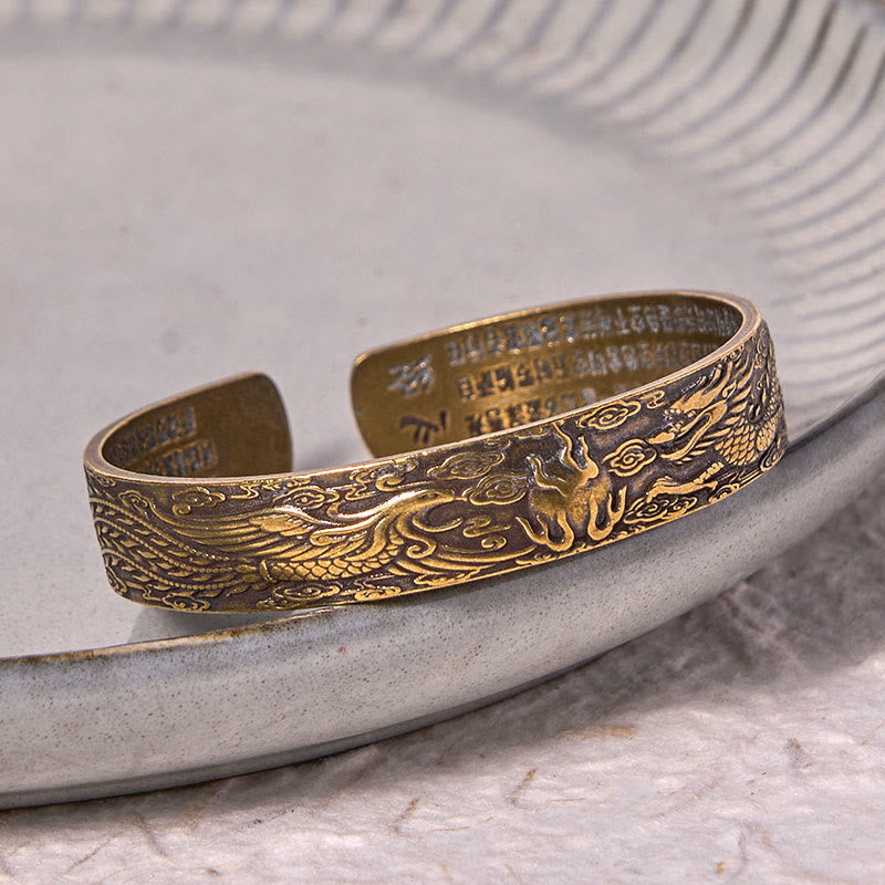 Dragon And Phoenix Playing With A Pearl Heart Sutra Carved Copper Brass Luck Bracelet Bangle