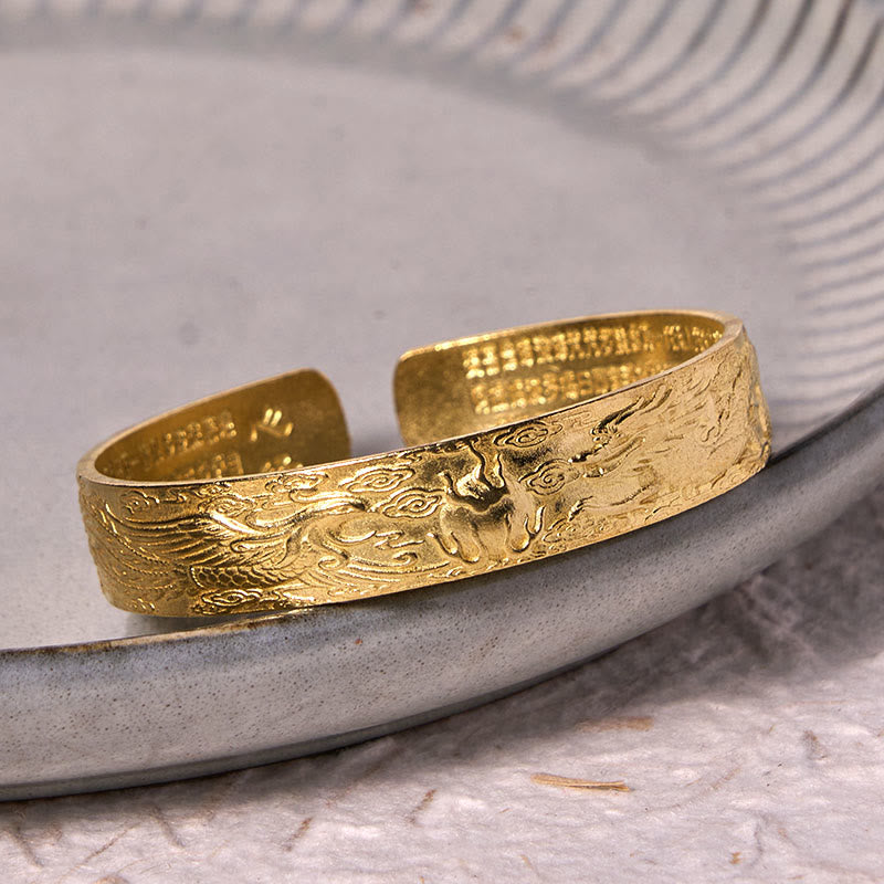 Dragon And Phoenix Playing With A Pearl Heart Sutra Carved Copper Brass Luck Bracelet Bangle