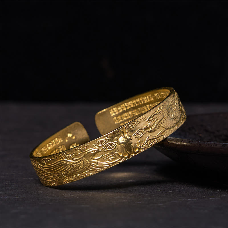 Dragon And Phoenix Playing With A Pearl Heart Sutra Carved Copper Brass Luck Bracelet Bangle