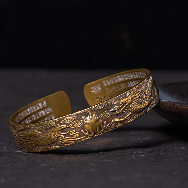 Dragon And Phoenix Playing With A Pearl Heart Sutra Carved Copper Brass Luck Bracelet Bangle