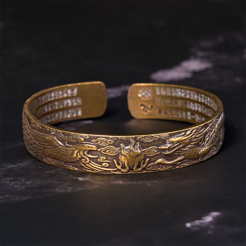 Dragon And Phoenix Playing With A Pearl Heart Sutra Carved Copper Brass Luck Bracelet Bangle