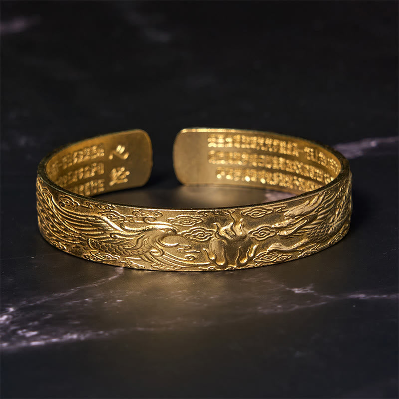 Dragon And Phoenix Playing With A Pearl Heart Sutra Carved Copper Brass Luck Bracelet Bangle