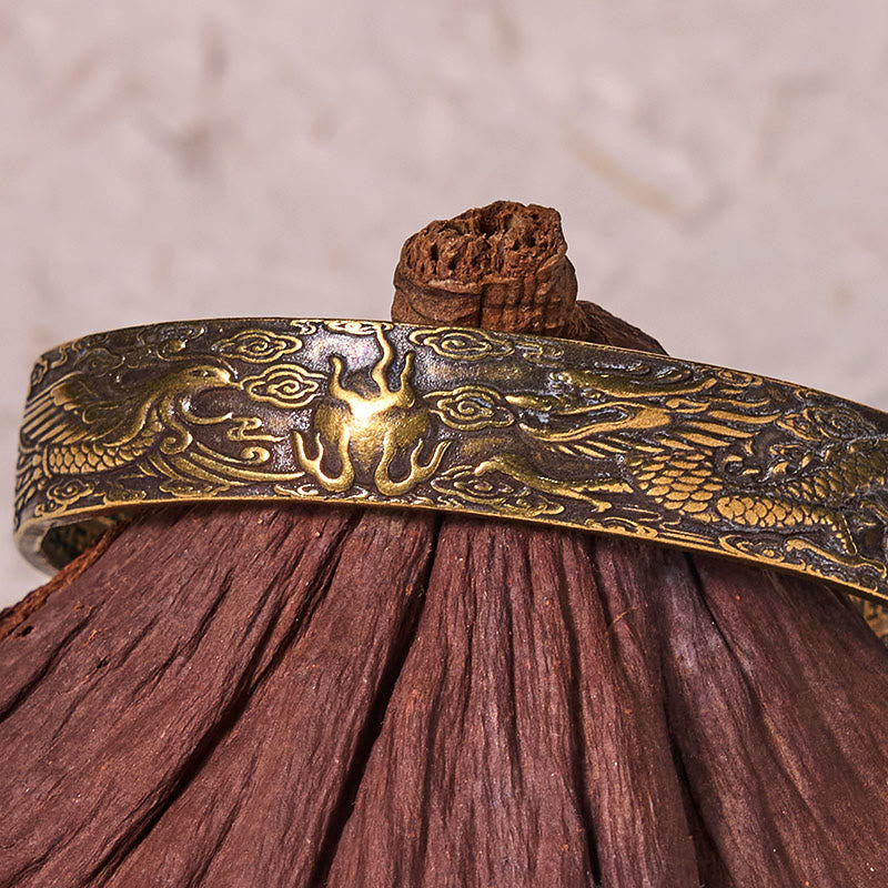 Dragon And Phoenix Playing With A Pearl Heart Sutra Carved Copper Brass Luck Bracelet Bangle