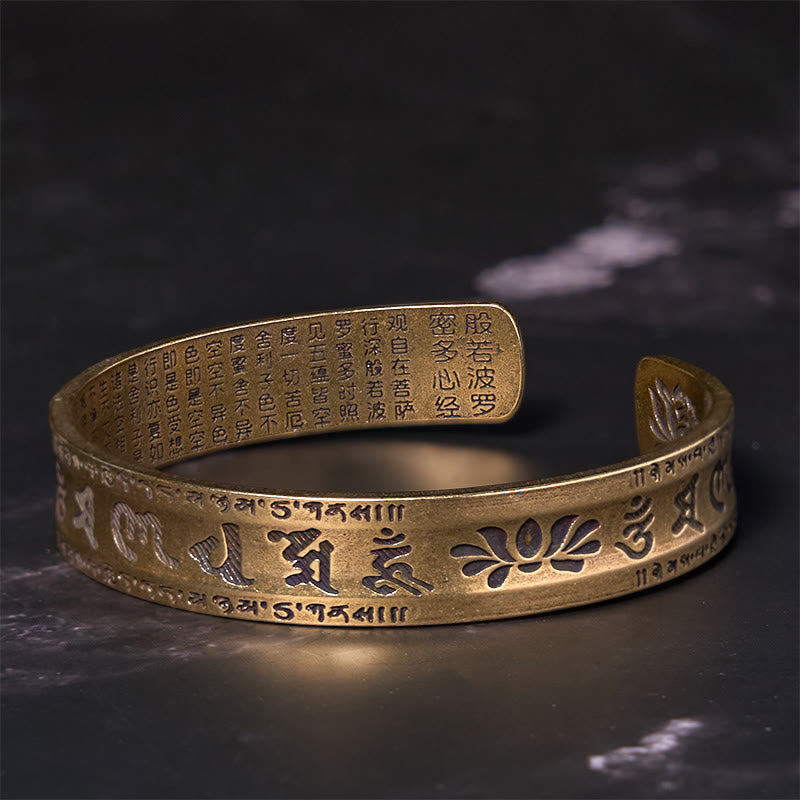 Six True Words 'om Mani Padme Hum' Heart Sutra Lotus Copper Brass Peace Cuff Bracelet Bangle