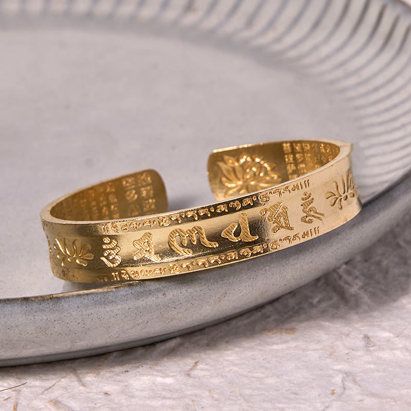 Six True Words 'om Mani Padme Hum' Heart Sutra Lotus Copper Brass Peace Cuff Bracelet Bangle