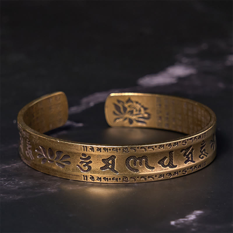 Six True Words 'om Mani Padme Hum' Heart Sutra Lotus Copper Brass Peace Cuff Bracelet Bangle