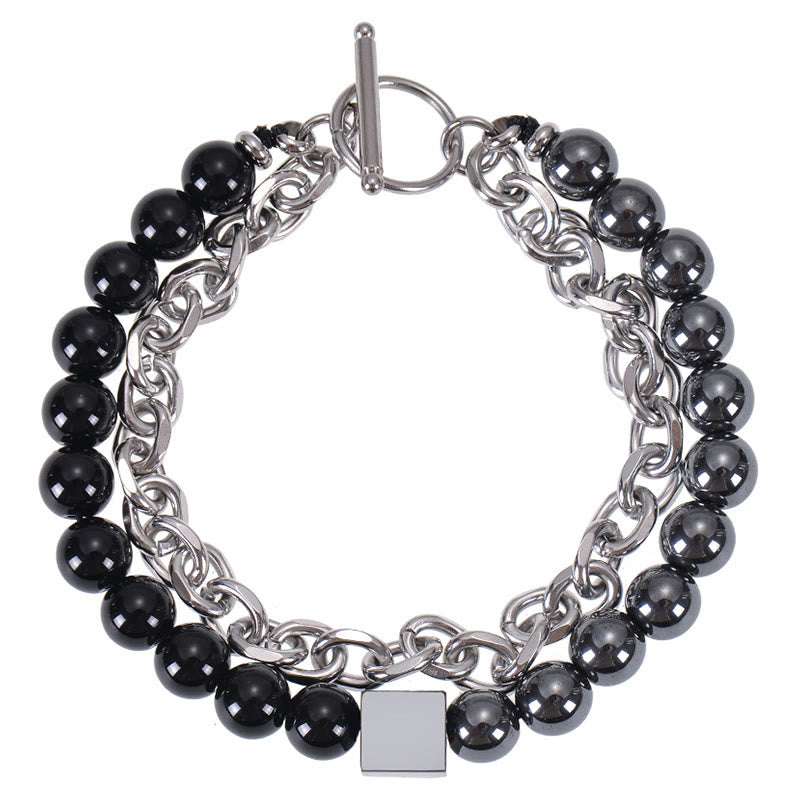 Titanium Steel and Frosted Gemstone Double Wrap Cube Bracelet