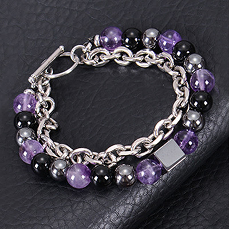 Titanium Steel and Frosted Gemstone Double Wrap Cube Bracelet