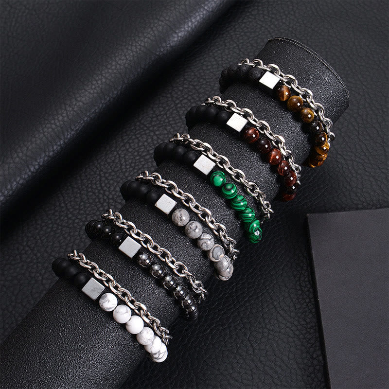 Titanium Steel and Frosted Gemstone Double Wrap Cube Bracelet