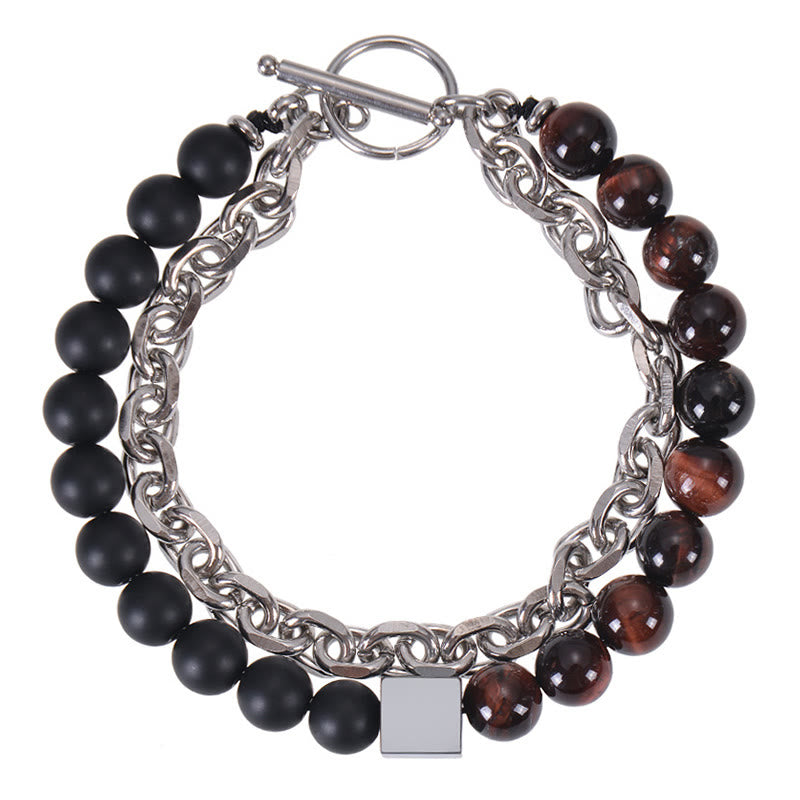 Titanium Steel and Frosted Gemstone Double Wrap Cube Bracelet