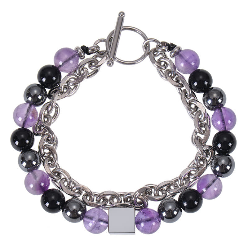 Titanium Steel and Frosted Gemstone Double Wrap Cube Bracelet