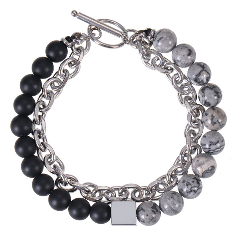 Titanium Steel and Frosted Gemstone Double Wrap Cube Bracelet