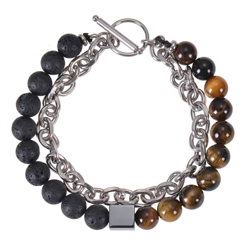 Titanium Steel and Frosted Gemstone Double Wrap Cube Bracelet