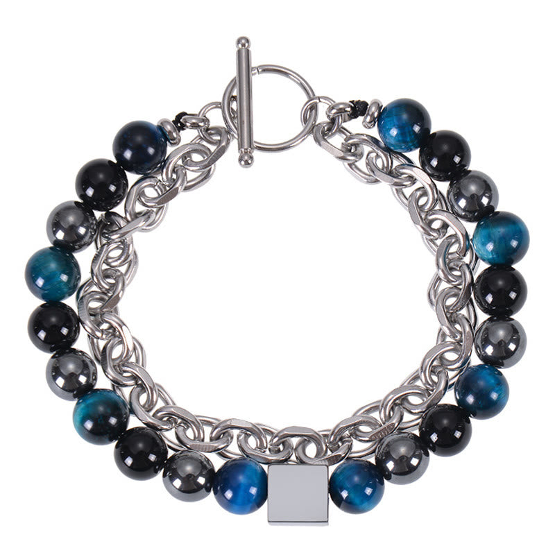 Titanium Steel and Frosted Gemstone Double Wrap Cube Bracelet