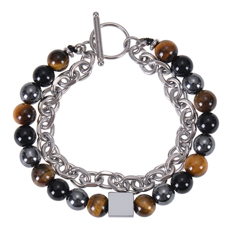 Titanium Steel and Frosted Gemstone Double Wrap Cube Bracelet