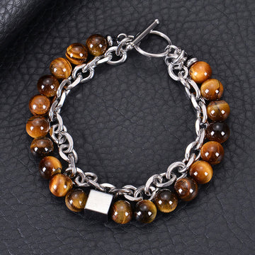 Titanium Steel and Frosted Gemstone Double Wrap Cube Bracelet