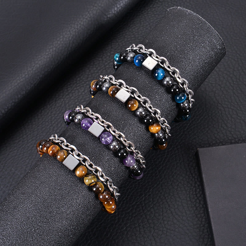 Titanium Steel and Frosted Gemstone Double Wrap Cube Bracelet