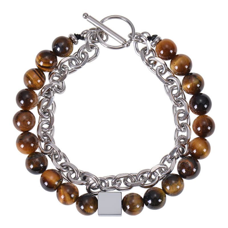 Titanium Steel and Frosted Gemstone Double Wrap Cube Bracelet