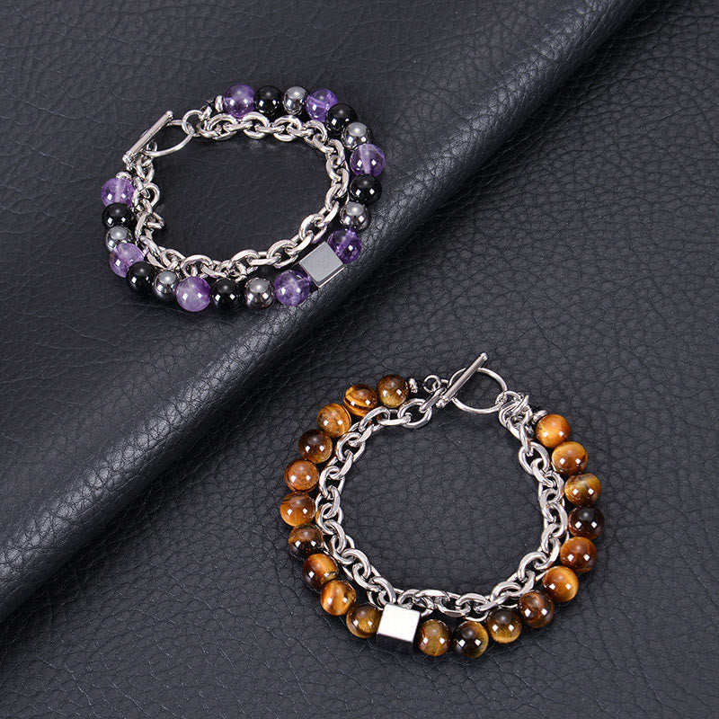 Titanium Steel and Frosted Gemstone Double Wrap Cube Bracelet