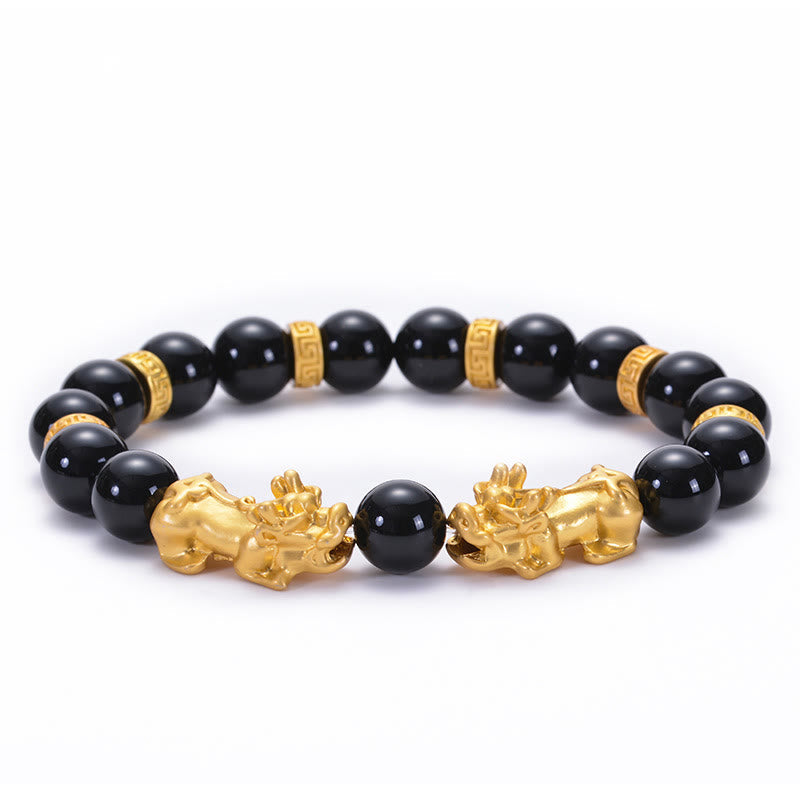 Two Pixiu Om Mani Padme Hum Engraved Mantra Gemstone Beaded Bracelet